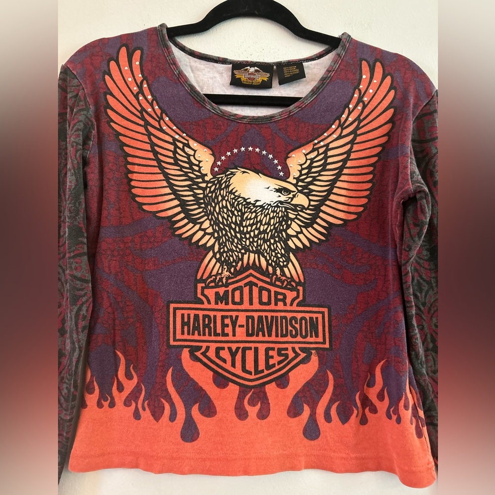 Vintage Y2K Harley Davidson AOP Studded Eagle Flames Long Sleeve Tee S - Picture 2 of 9